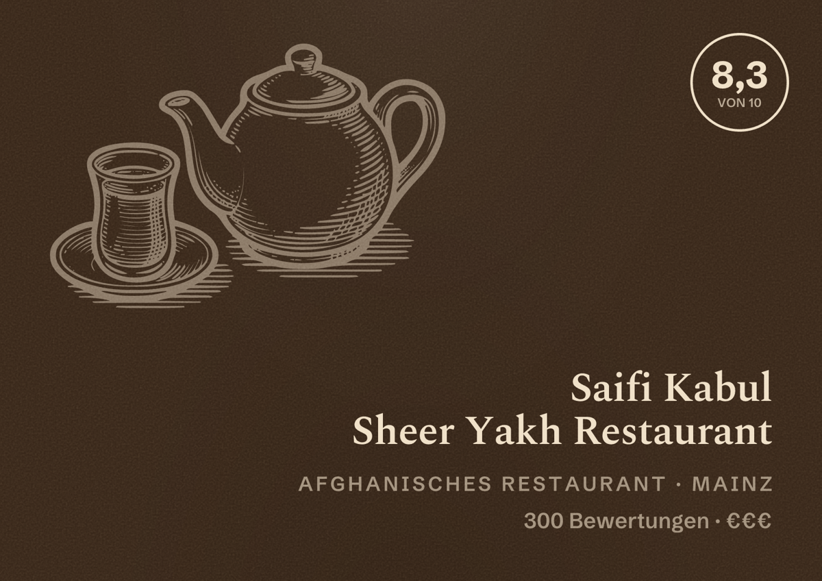 Illustriertes Poster von Saifi Kabul Sheer Yakh Restaurant, Afghanisches Restaurant in Mainz: Bewertung 8,3 von 10 aus 300 Bewertungen, Preisniveau €€€