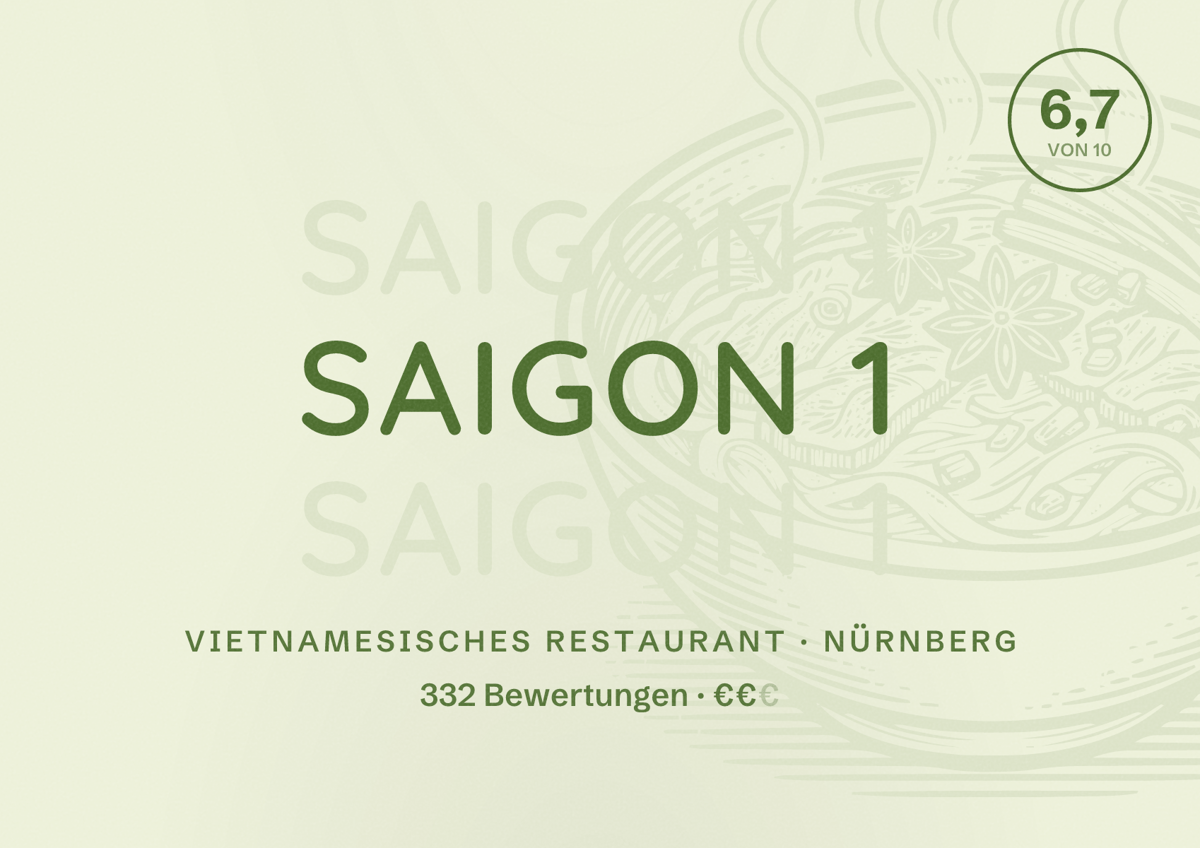 Illustriertes Poster von SAIGON 1, Vietnamesisches Restaurant in Nürnberg: Bewertung 6,7 von 10 aus 332 Bewertungen, Preisniveau €€