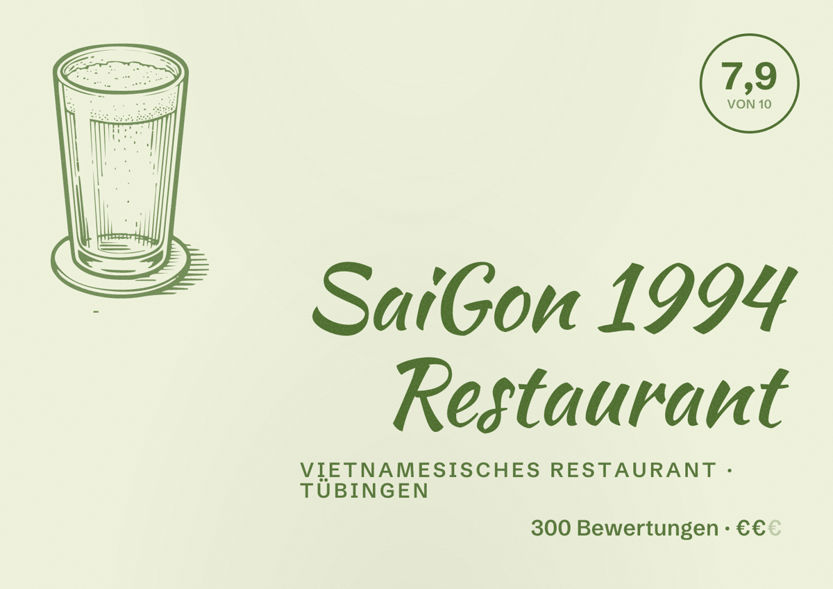 Illustriertes Poster von SaiGon 1994 Restaurant, Vietnamesisches Restaurant in Tübingen: Bewertung 7,9 von 10 aus 300 Bewertungen, Preisniveau €€