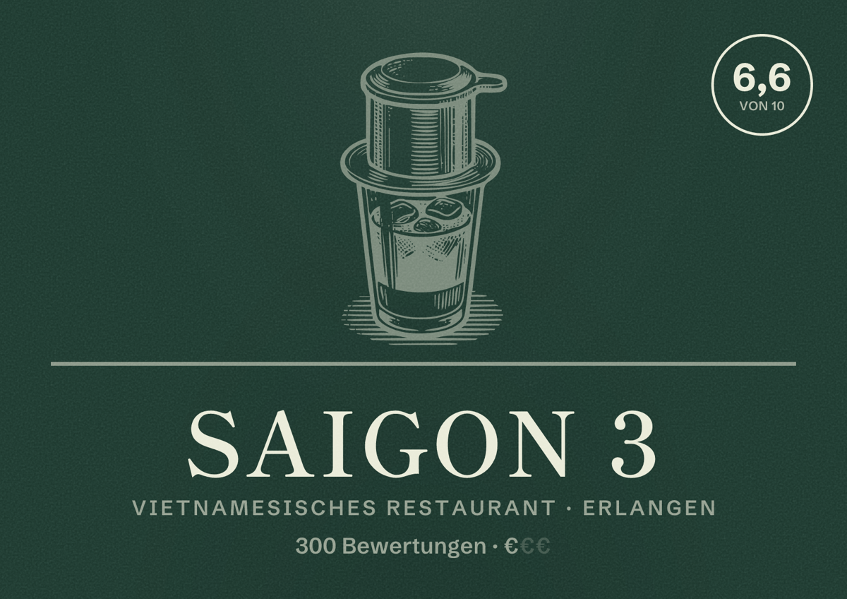 Illustriertes Poster von Saigon 3, Vietnamesisches Restaurant in Erlangen: Bewertung 6,6 von 10 aus 300 Bewertungen, Preisniveau €