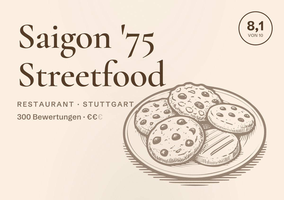 Illustriertes Poster von Saigon '75 Streetfood, Restaurant in Stuttgart: Bewertung 8,1 von 10 aus 300 Bewertungen, Preisniveau €€