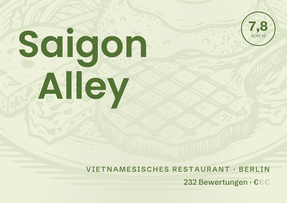 Illustriertes Poster von Saigon Alley, Vietnamesisches Restaurant in Berlin: Bewertung 7,8 von 10 aus 232 Bewertungen, Preisniveau €