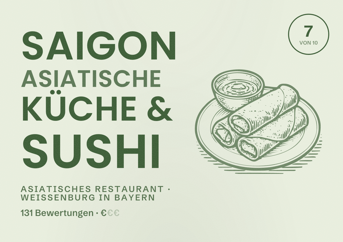 Illustriertes Poster von SAIGON asiatische Küche & Sushi, Asiatisches Restaurant in Weißenburg in Bayern: Bewertung 7 von 10 aus 131 Bewertungen, Preisniveau €