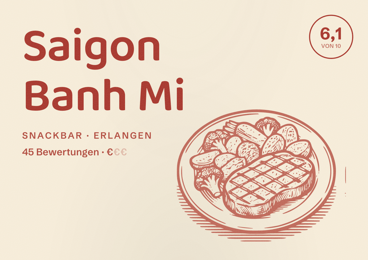 Illustriertes Poster von Saigon Banh Mi, Snackbar in Erlangen: Bewertung 6,1 von 10 aus 45 Bewertungen, Preisniveau €