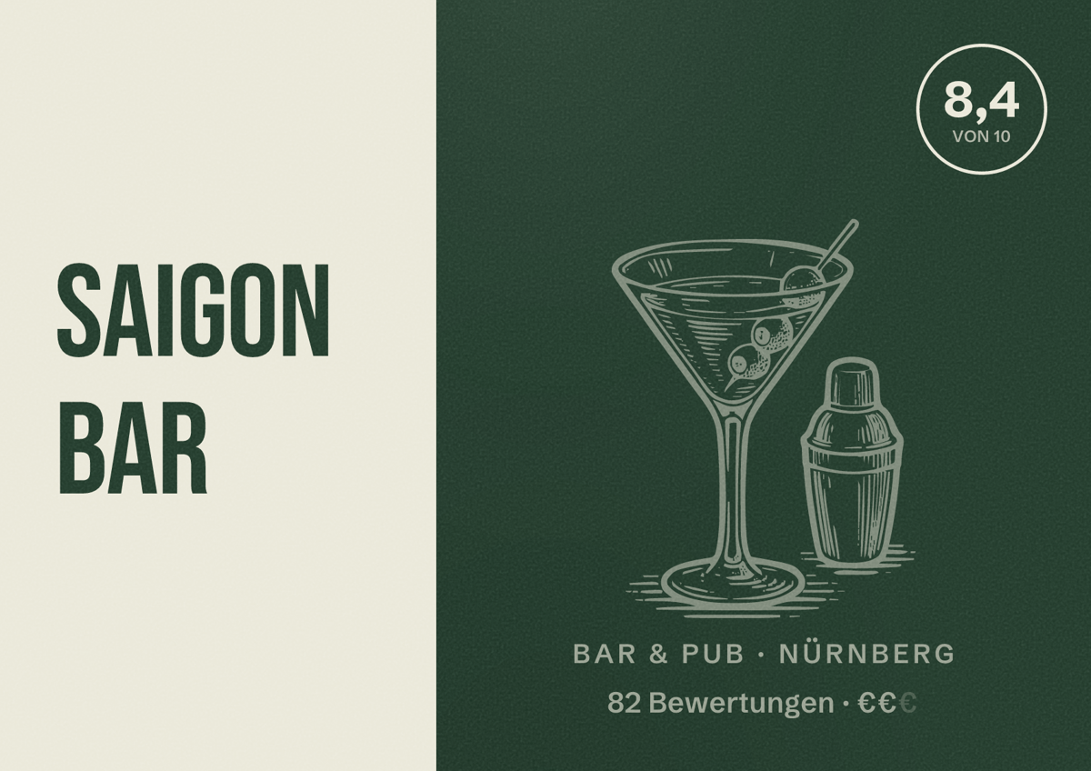 Illustriertes Poster von Saigon Bar, Bar & Pub in Nürnberg: Bewertung 8,4 von 10 aus 82 Bewertungen, Preisniveau €€