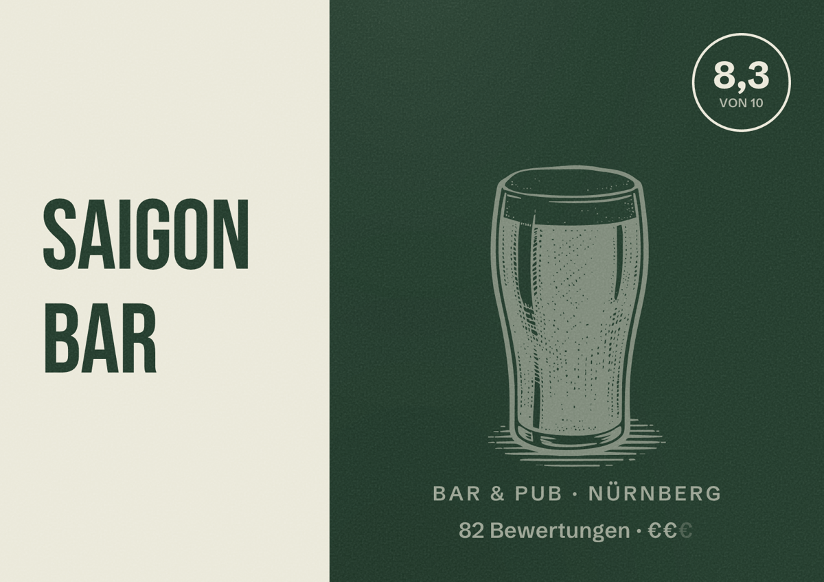 Illustriertes Poster von Saigon Bar, Bar & Pub in Nürnberg: Gästebewertung 8,3 von 10 aus 82 Bewertungen
