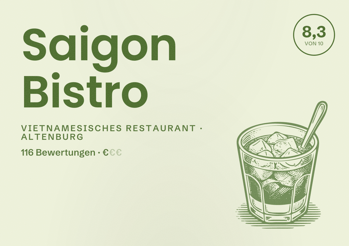 Illustriertes Poster von Saigon Bistro, Vietnamesisches Restaurant in Altenburg: Bewertung 8,3 von 10 aus 116 Bewertungen, Preisniveau €