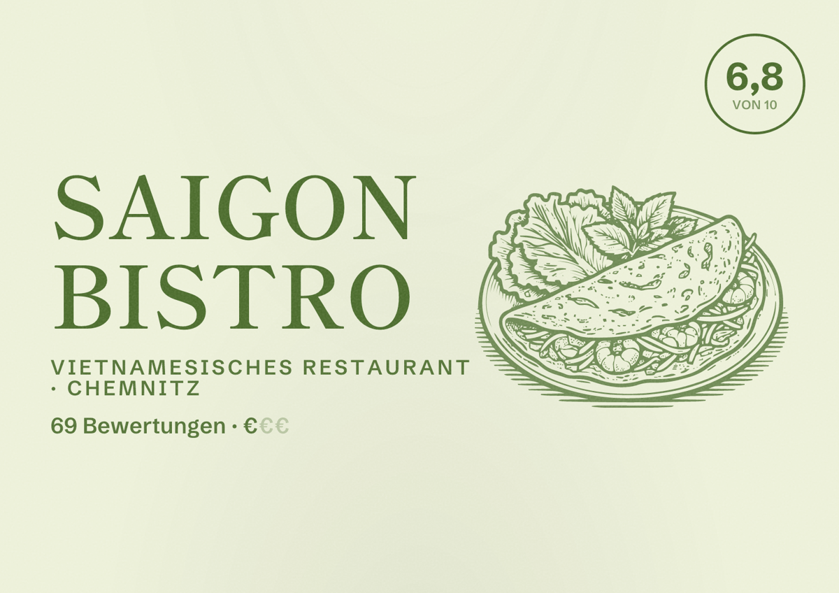 Illustriertes Poster von Saigon Bistro, Vietnamesisches Restaurant in Chemnitz: Bewertung 6,8 von 10 aus 69 Bewertungen, Preisniveau €