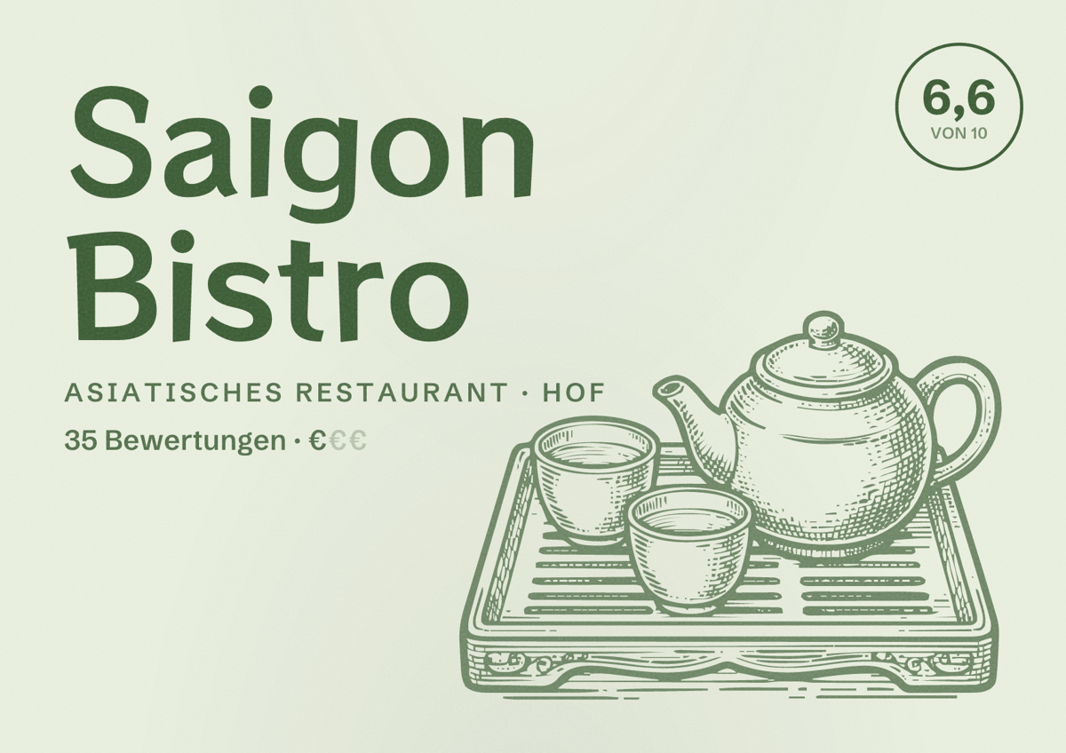 Illustriertes Poster von Saigon Bistro, Asiatisches Restaurant in Hof: Bewertung 6,6 von 10 aus 35 Bewertungen, Preisniveau €