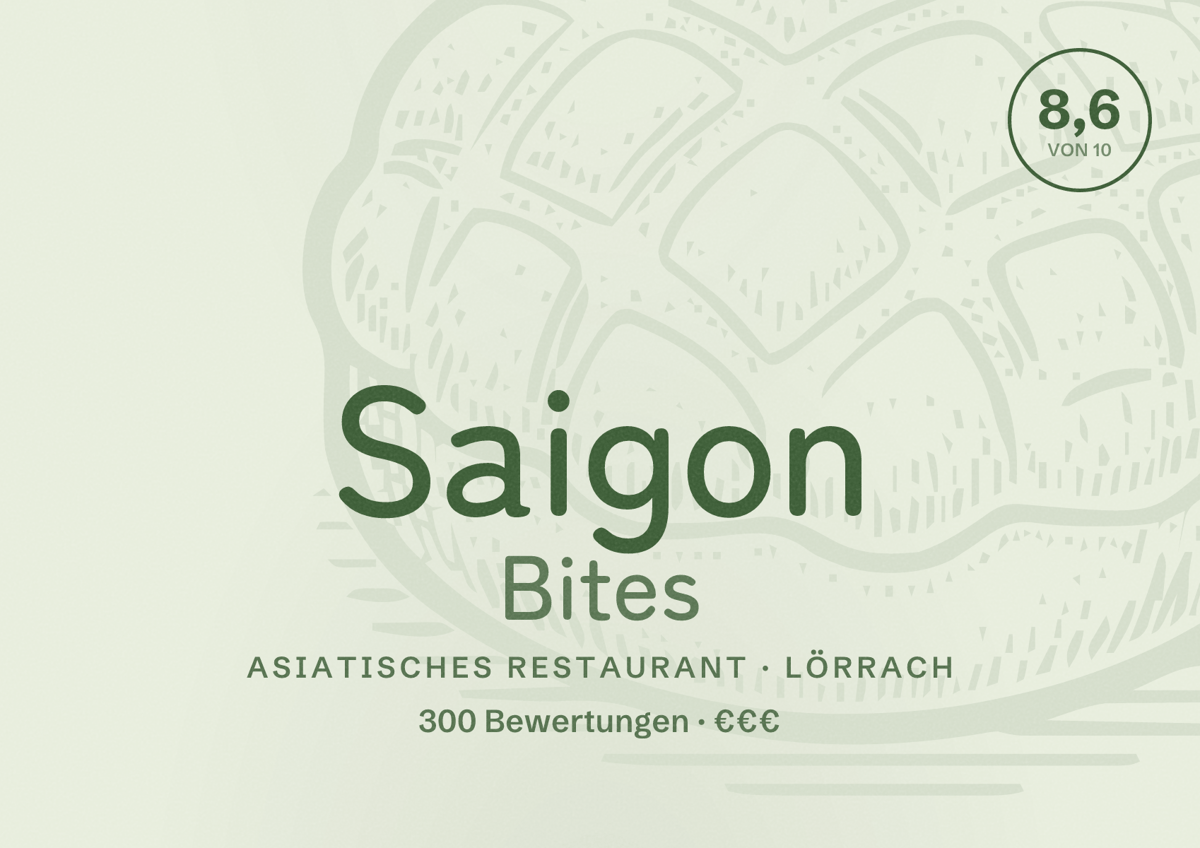 Illustriertes Poster von Saigon Bites, Asiatisches Restaurant in Lörrach: Bewertung 8,6 von 10 aus 300 Bewertungen, Preisniveau €€€