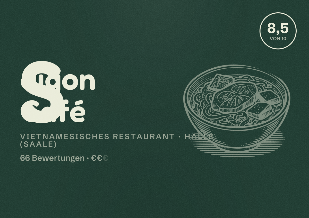 Illustriertes Poster von Saigon Café, Vietnamesisches Restaurant in Halle (Saale): Bewertung 8,5 von 10 aus 66 Bewertungen, Preisniveau €€
