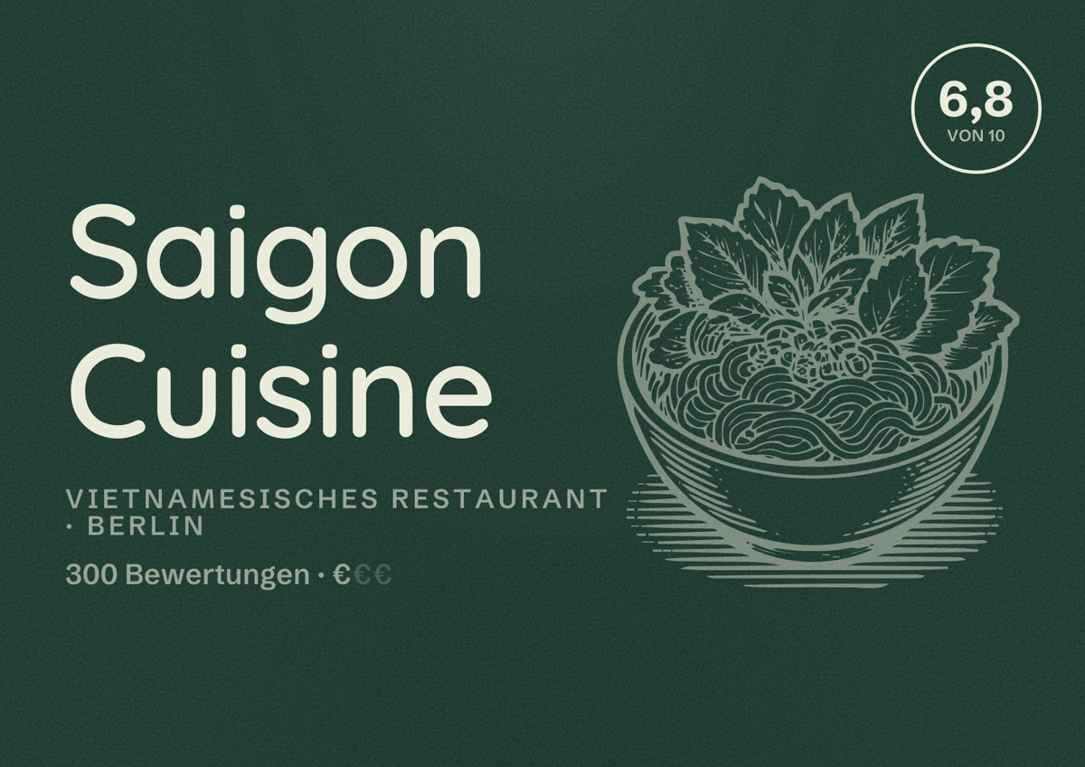 Illustriertes Poster von Saigon Cuisine, Vietnamesisches Restaurant in Berlin: Bewertung 6,8 von 10 aus 300 Bewertungen, Preisniveau €
