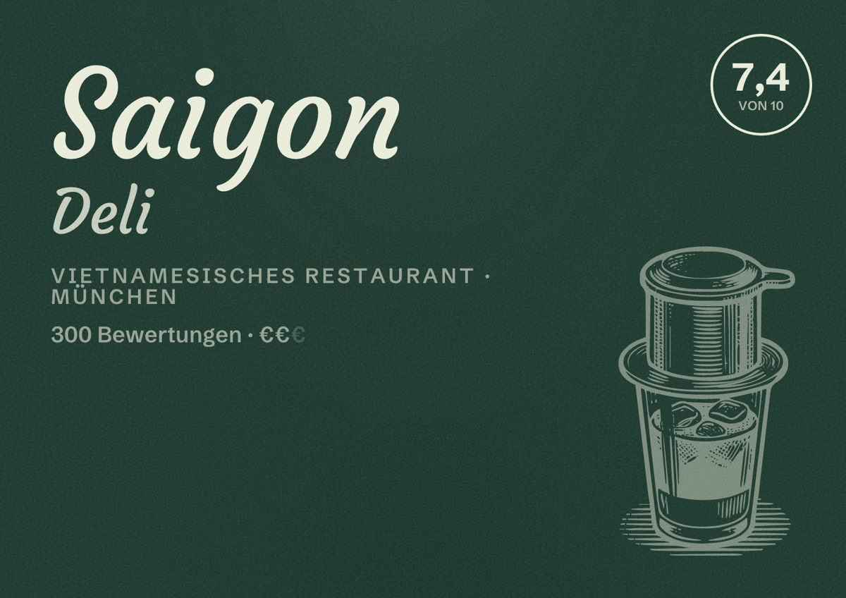 Illustriertes Poster von Saigon Deli, Vietnamesisches Restaurant in München: Bewertung 7,4 von 10 aus 300 Bewertungen, Preisniveau €€