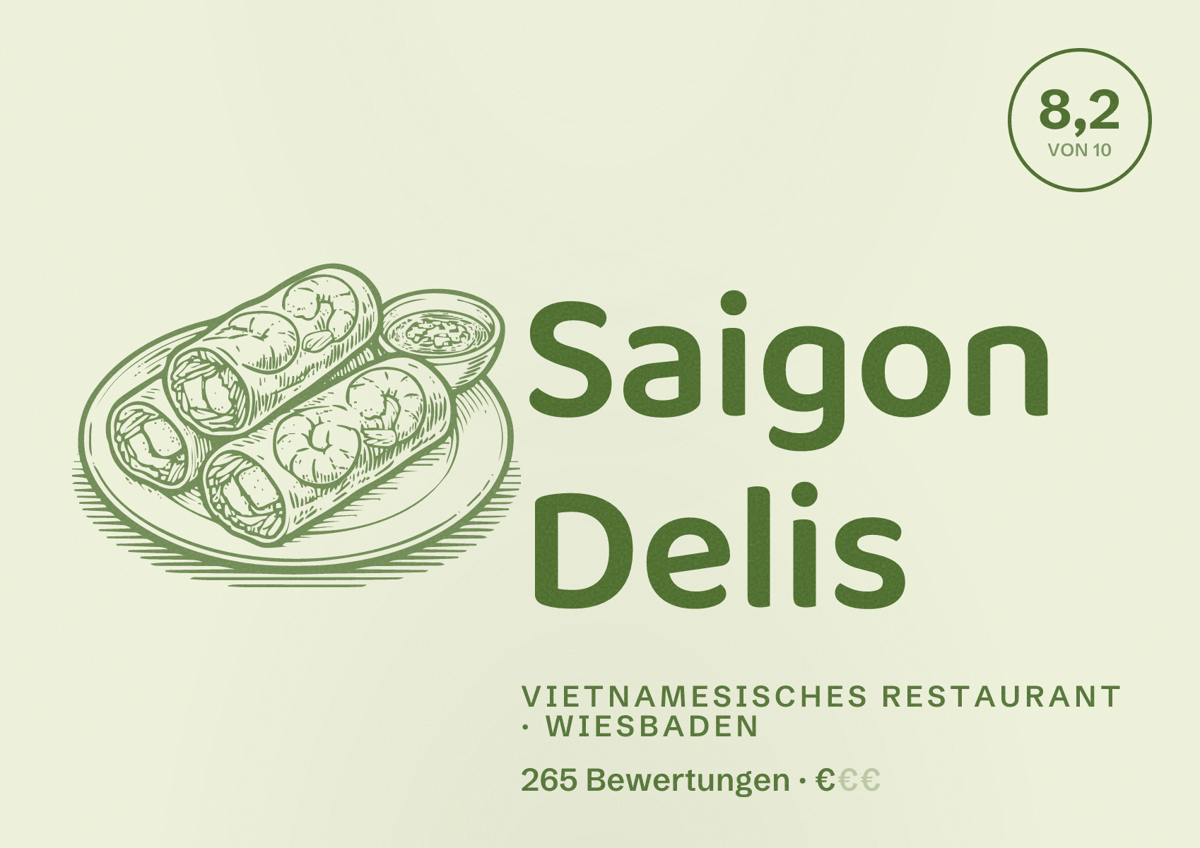 Illustriertes Poster von Saigon Delis, Vietnamesisches Restaurant in Wiesbaden: Bewertung 8,2 von 10 aus 265 Bewertungen, Preisniveau €