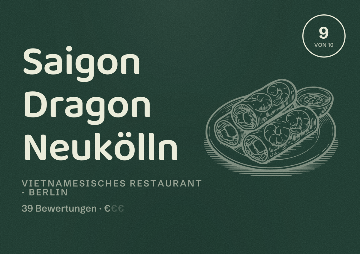 Illustriertes Poster von Saigon Dragon Neukölln, Vietnamesisches Restaurant in Berlin: Bewertung 9,0 von 10 aus 39 Bewertungen, Preisniveau €