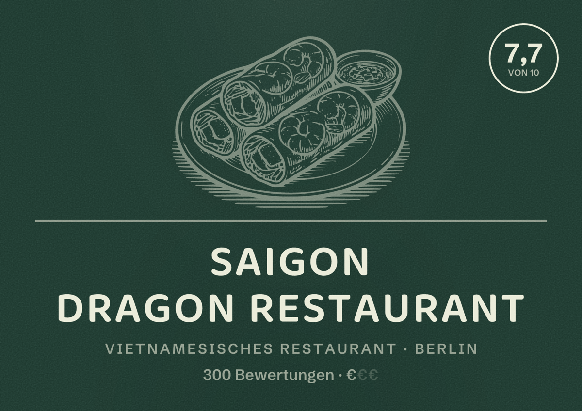 Illustriertes Poster von Saigon Dragon Restaurant, Vietnamesisches Restaurant in Berlin: Bewertung 7,7 von 10 aus 300 Bewertungen, Preisniveau €