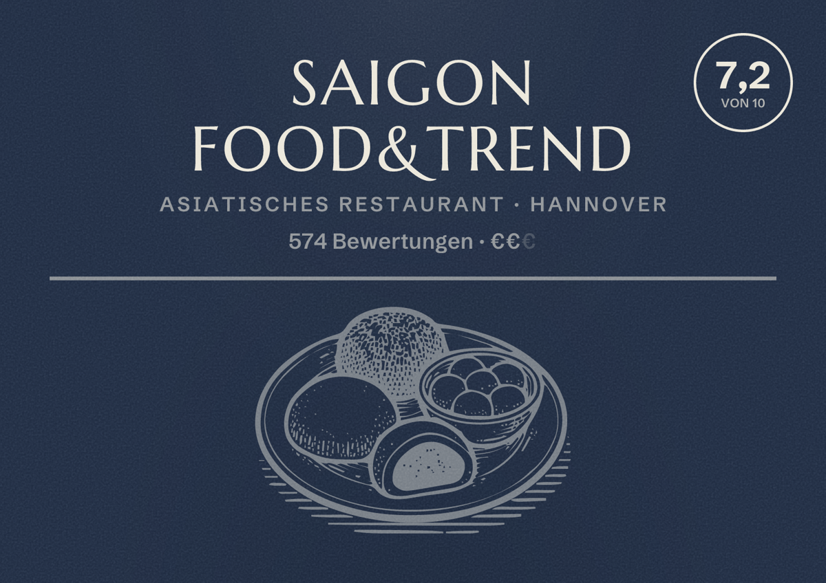 Illustriertes Poster von Saigon Food&Trend, Asiatisches Restaurant in Hannover: Bewertung 7,2 von 10 aus 574 Bewertungen, Preisniveau €€