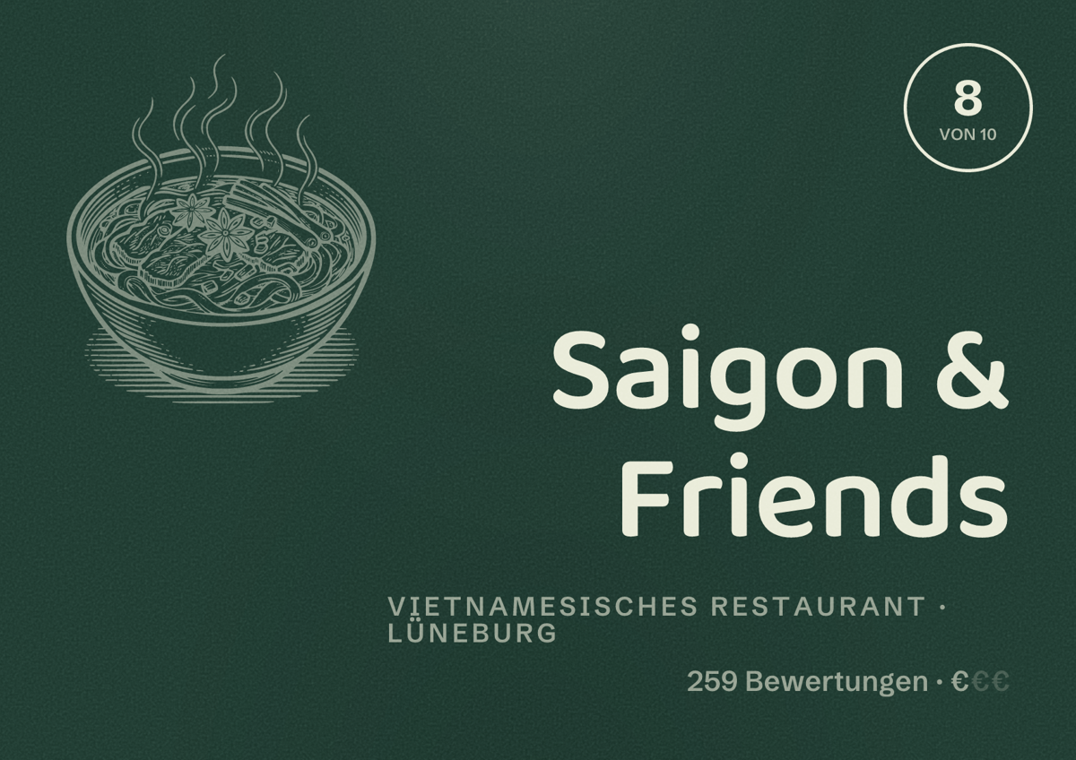 Illustriertes Poster von Saigon & Friends, Vietnamesisches Restaurant in Lüneburg: Bewertung 8 von 10 aus 259 Bewertungen, Preisniveau €