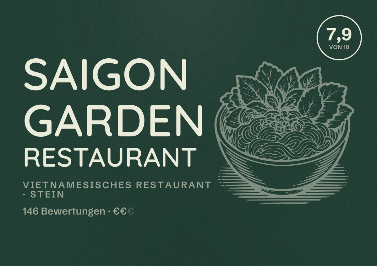 Illustriertes Poster von Saigon Garden Restaurant, Vietnamesisches Restaurant in Stein: Bewertung 7,9 von 10 aus 146 Bewertungen, Preisniveau €€