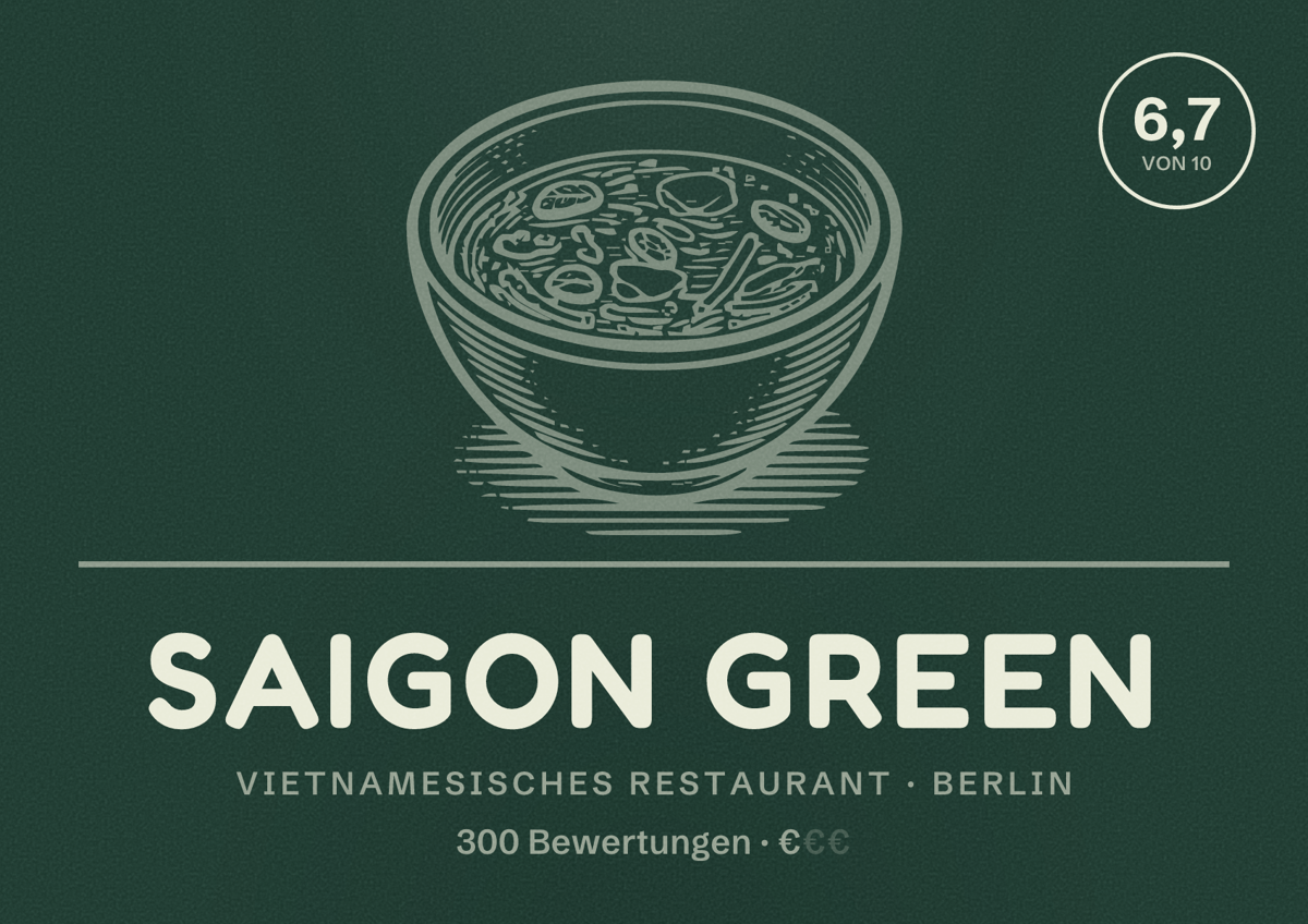 Illustriertes Poster von Saigon Green, Vietnamesisches Restaurant in Berlin: Bewertung 6,7 von 10 aus 300 Bewertungen, Preisniveau €