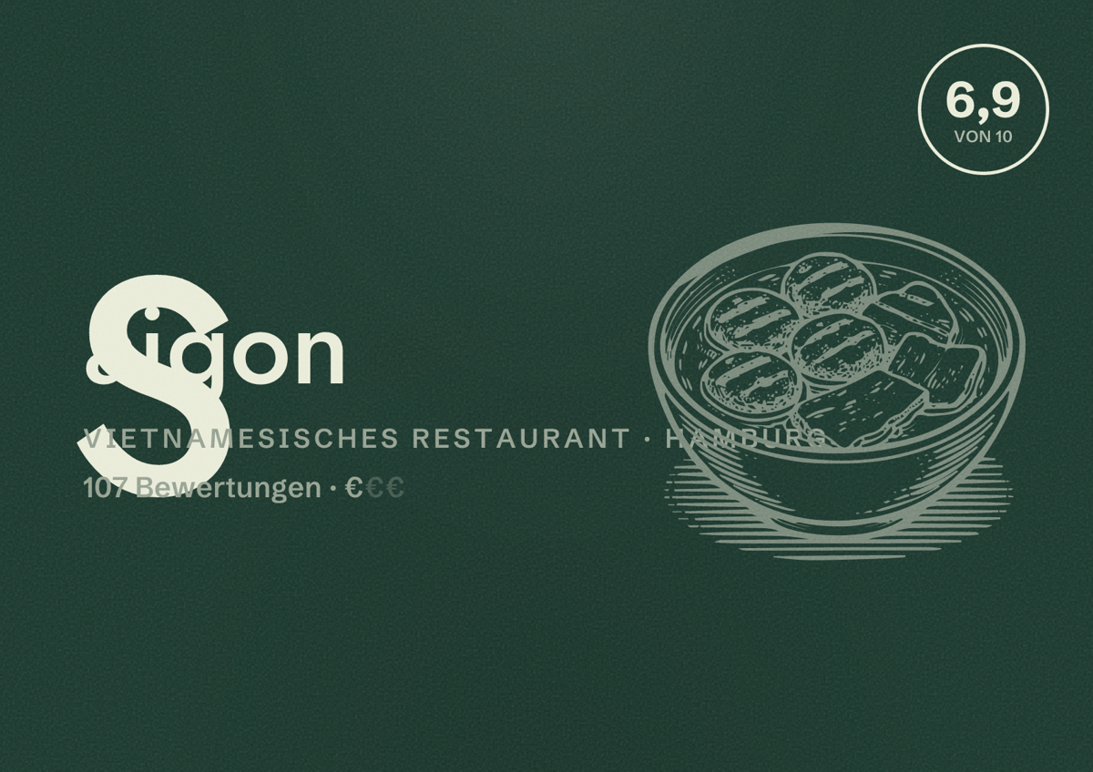 Illustriertes Poster von Saigon, Vietnamesisches Restaurant in Hamburg: Bewertung 6,9 von 10 aus 107 Bewertungen, Preisniveau €