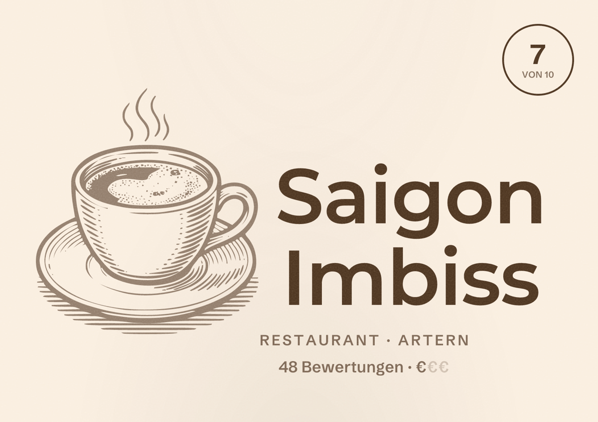 Illustriertes Poster von Saigon Imbiss, Restaurant in Artern: Bewertung 7 von 10 aus 48 Bewertungen, Preisniveau €
