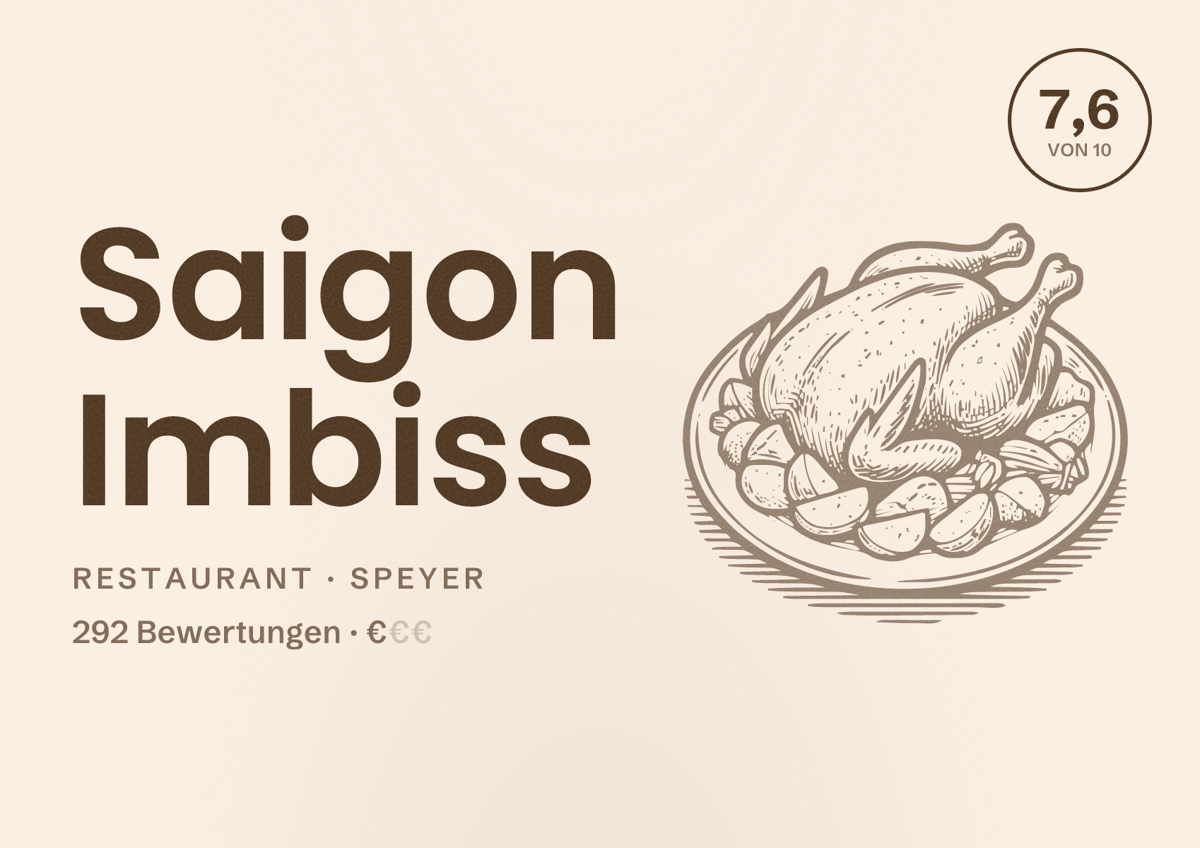 Illustriertes Poster von Saigon Imbiss, Restaurant in Speyer: Bewertung 7,6 von 10 aus 292 Bewertungen, Preisniveau €