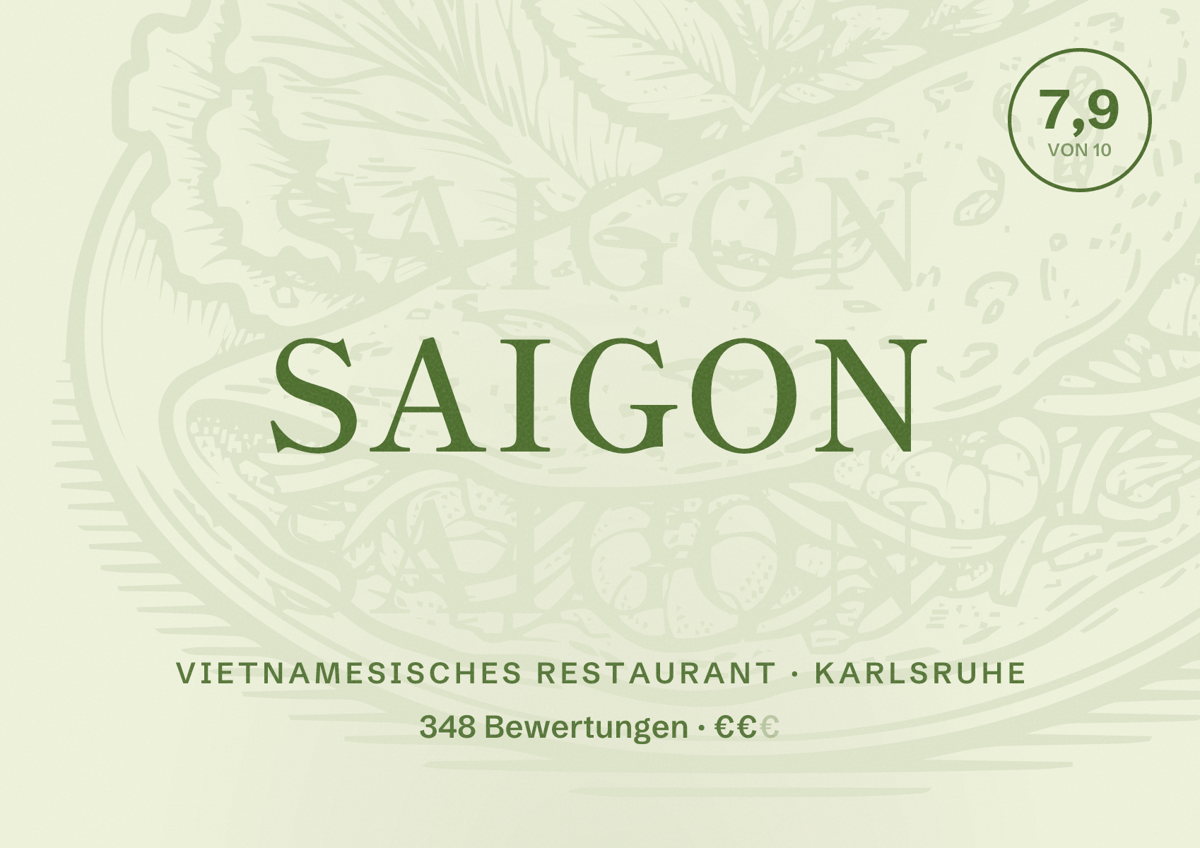 Illustriertes Poster von Saigon, Vietnamesisches Restaurant in Karlsruhe: Bewertung 7,9 von 10 aus 348 Bewertungen, Preisniveau €€