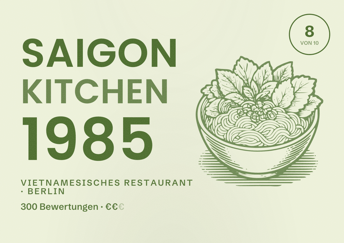 Illustriertes Poster von Saigon Kitchen 1985, Vietnamesisches Restaurant in Berlin: Bewertung 8,0 von 10 aus 300 Bewertungen, Preisniveau €€