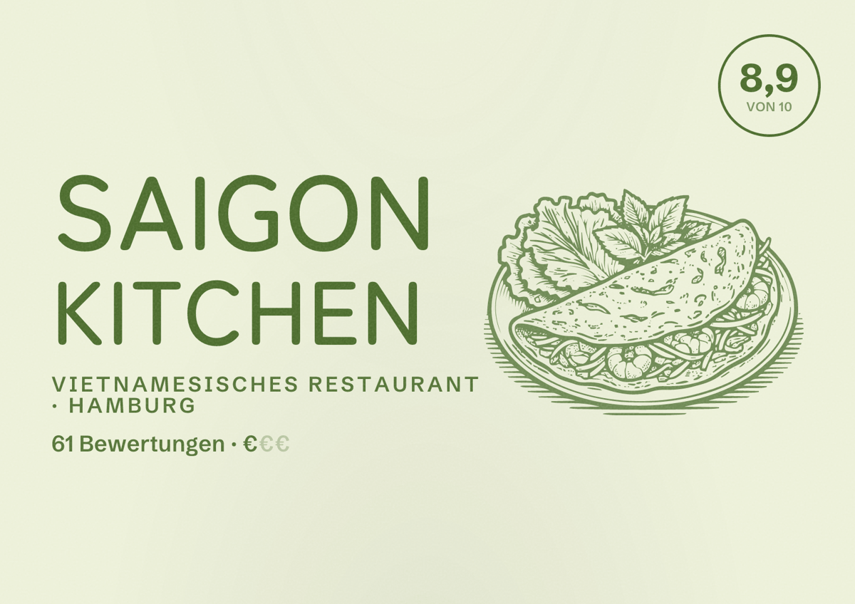 Illustriertes Poster von Saigon Kitchen, Vietnamesisches Restaurant in Hamburg: Bewertung 8,9 von 10 aus 61 Bewertungen, Preisniveau €