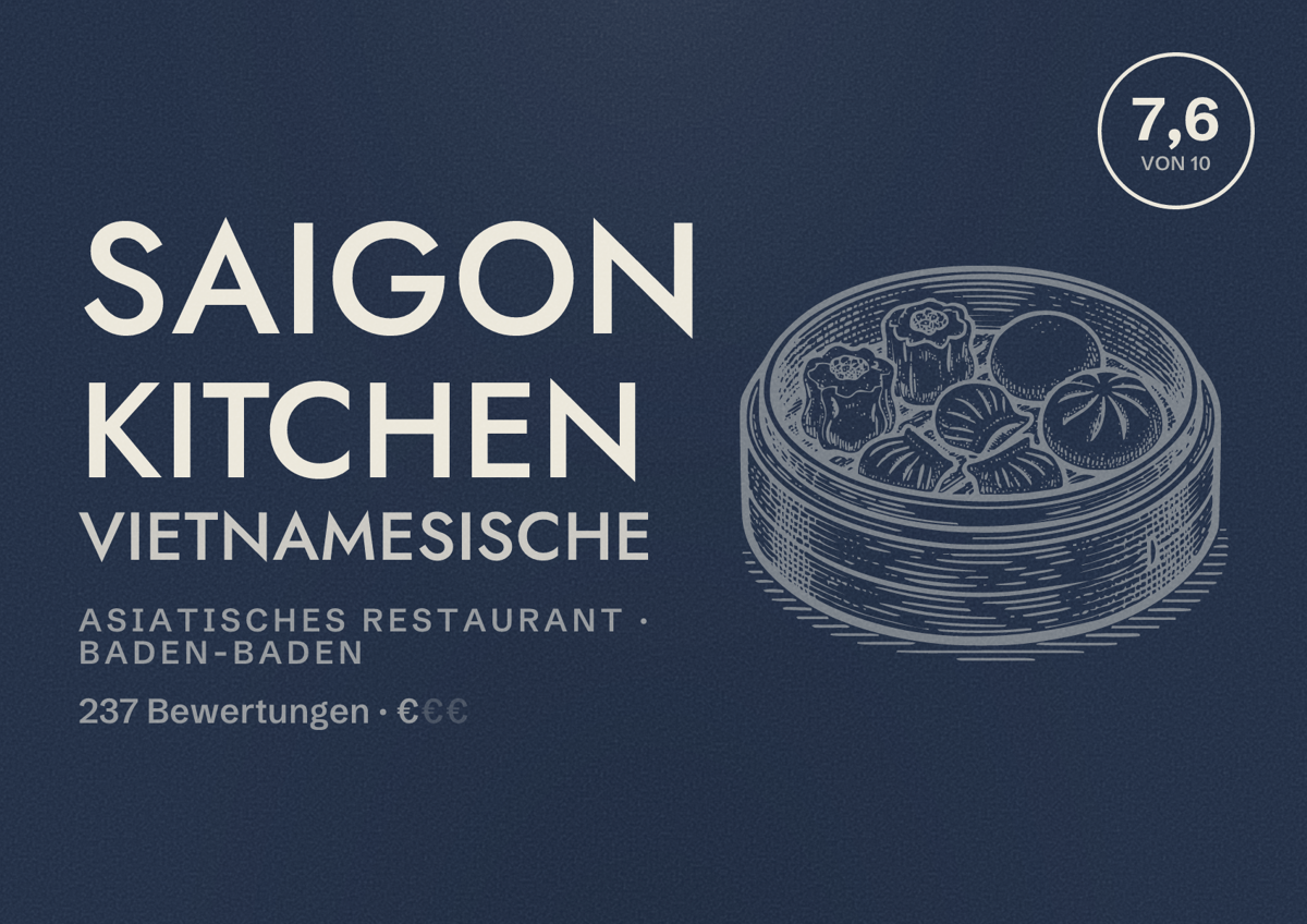 Illustriertes Poster von Saigon Kitchen Vietnamesische, Asiatisches Restaurant in Baden-Baden: Bewertung 7,6 von 10 aus 237 Bewertungen, Preisniveau €