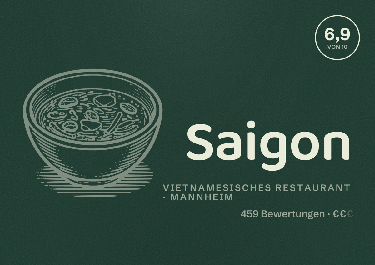 Illustriertes Poster von Saigon, Vietnamesisches Restaurant in Mannheim: Bewertung 6,9 von 10 aus 459 Bewertungen, Preisniveau €€