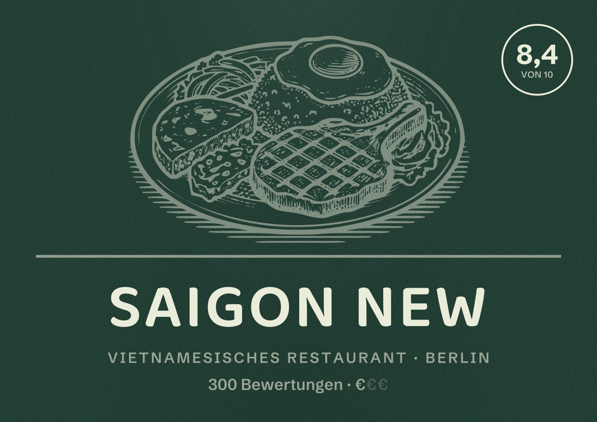 Illustriertes Poster von Saigon New, Vietnamesisches Restaurant in Berlin: Bewertung 8,4 von 10 aus 300 Bewertungen, Preisniveau €