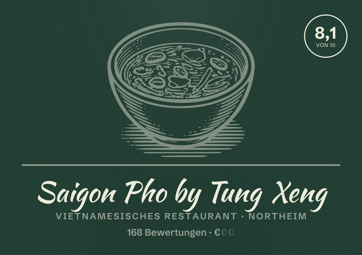 Illustriertes Poster von Saigon Pho by Tung Xeng, Vietnamesisches Restaurant in Northeim: Bewertung 8,1 von 10 aus 168 Bewertungen, Preisniveau €
