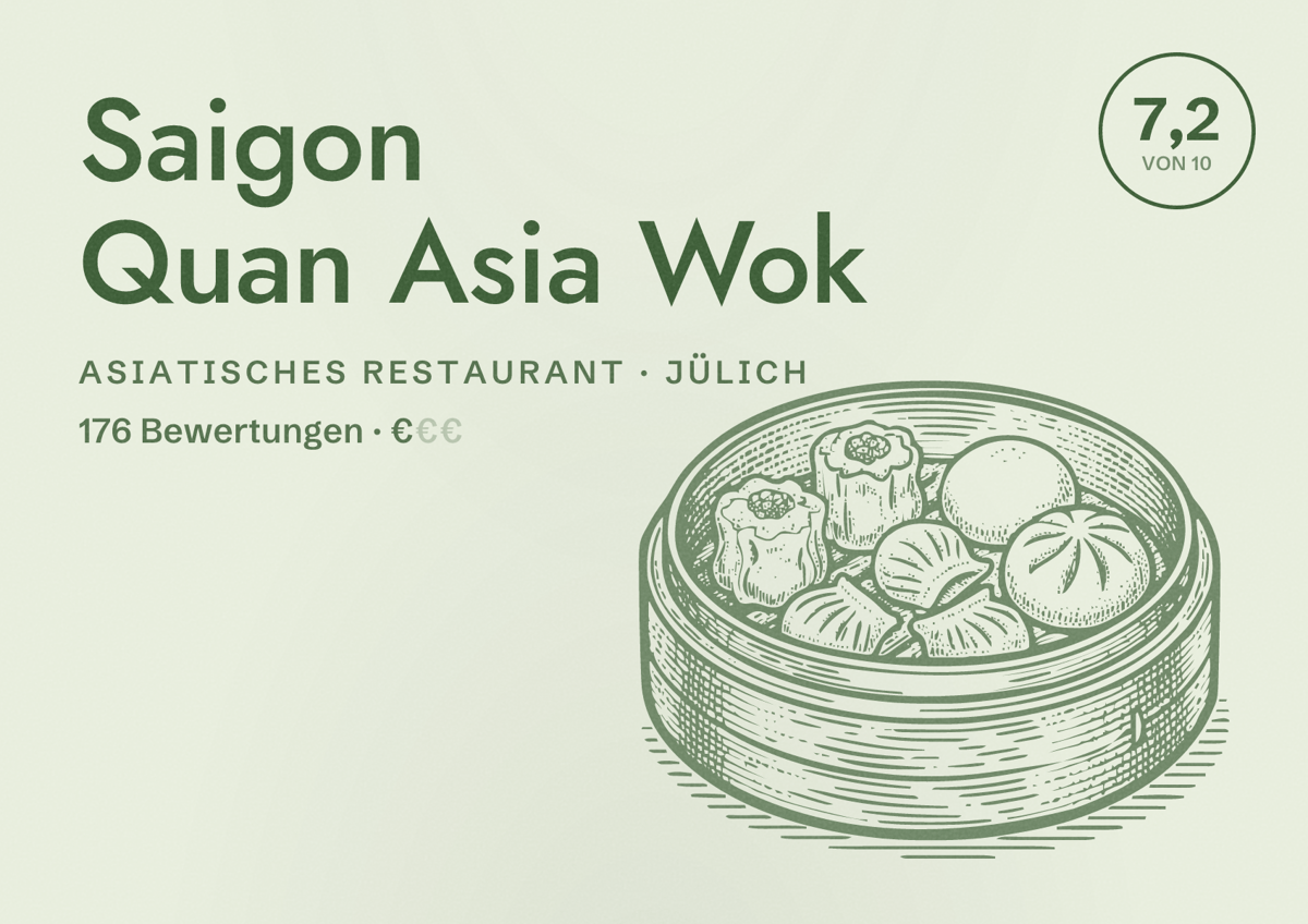 Illustriertes Poster von Saigon Quan Asia Wok, Asiatisches Restaurant in Jülich: Bewertung 7,2 von 10 aus 176 Bewertungen, Preisniveau €