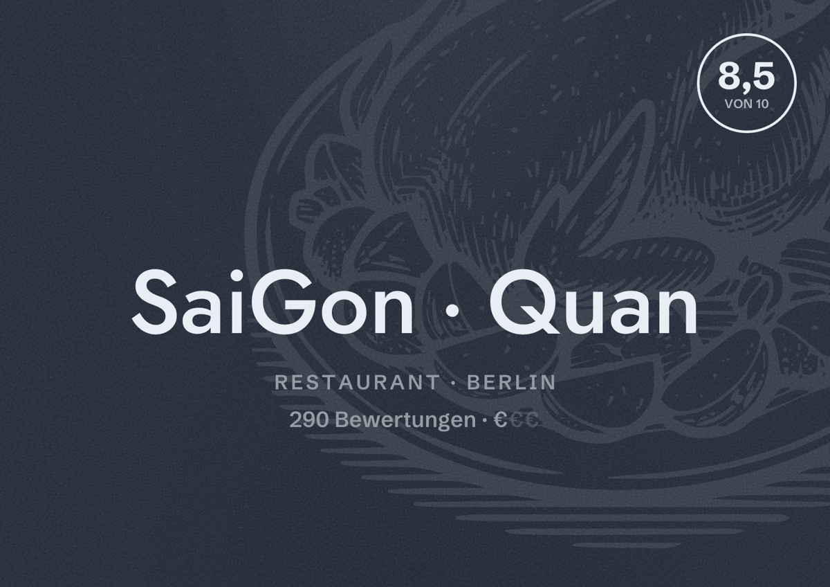 Illustriertes Poster von SaiGon Quan, Restaurant in Berlin: Bewertung 8,5 von 10 aus 290 Bewertungen, Preisniveau €