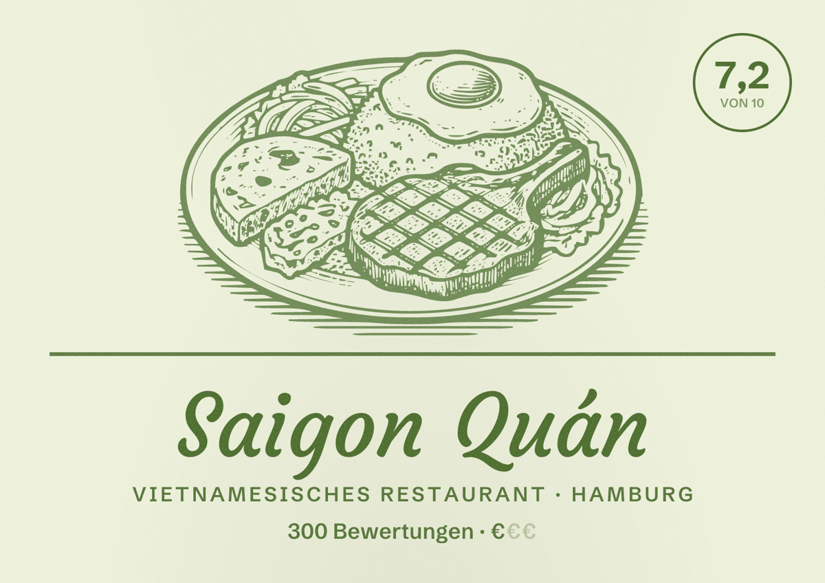 Illustriertes Poster von Saigon Quán, Vietnamesisches Restaurant in Hamburg: Bewertung 7,2 von 10 aus 300 Bewertungen, Preisniveau €