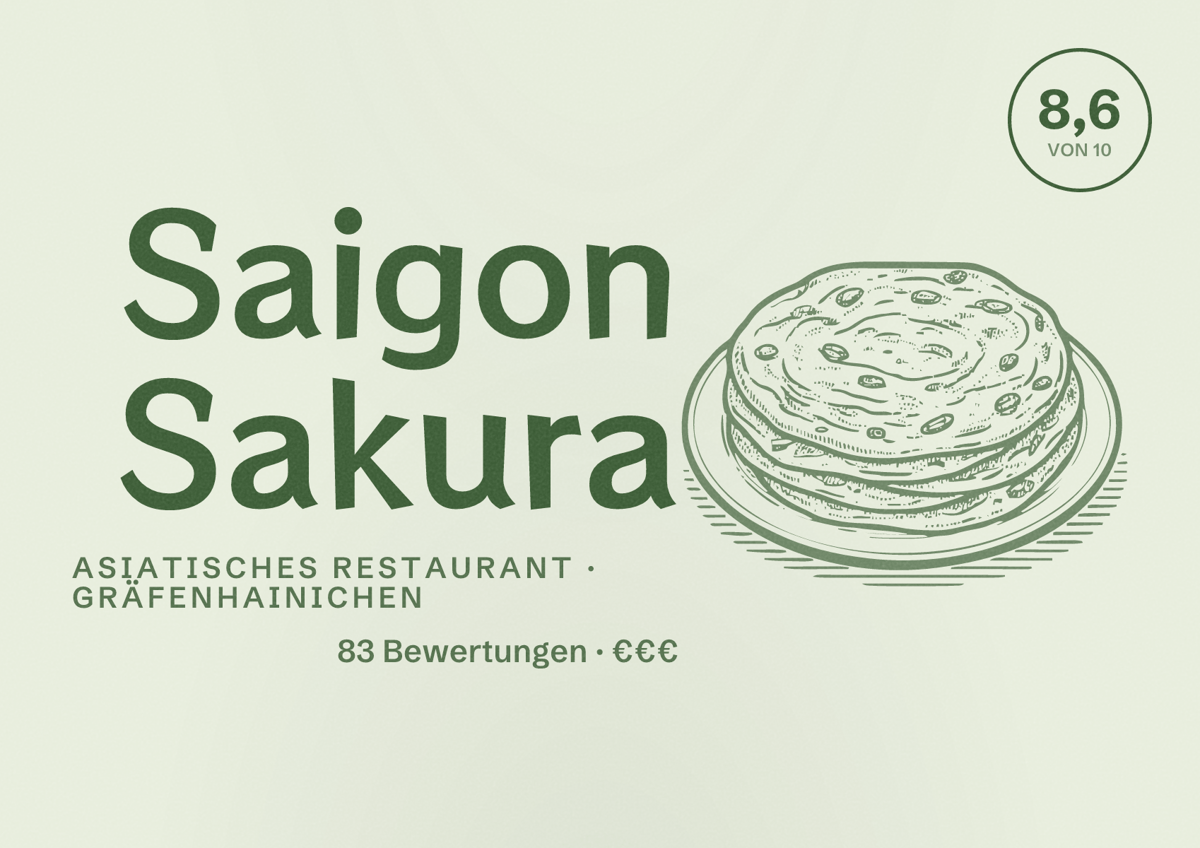 Illustriertes Poster von Saigon Sakura, Asiatisches Restaurant in Gräfenhainichen: Bewertung 8,6 von 10 aus 83 Bewertungen, Preisniveau €€€
