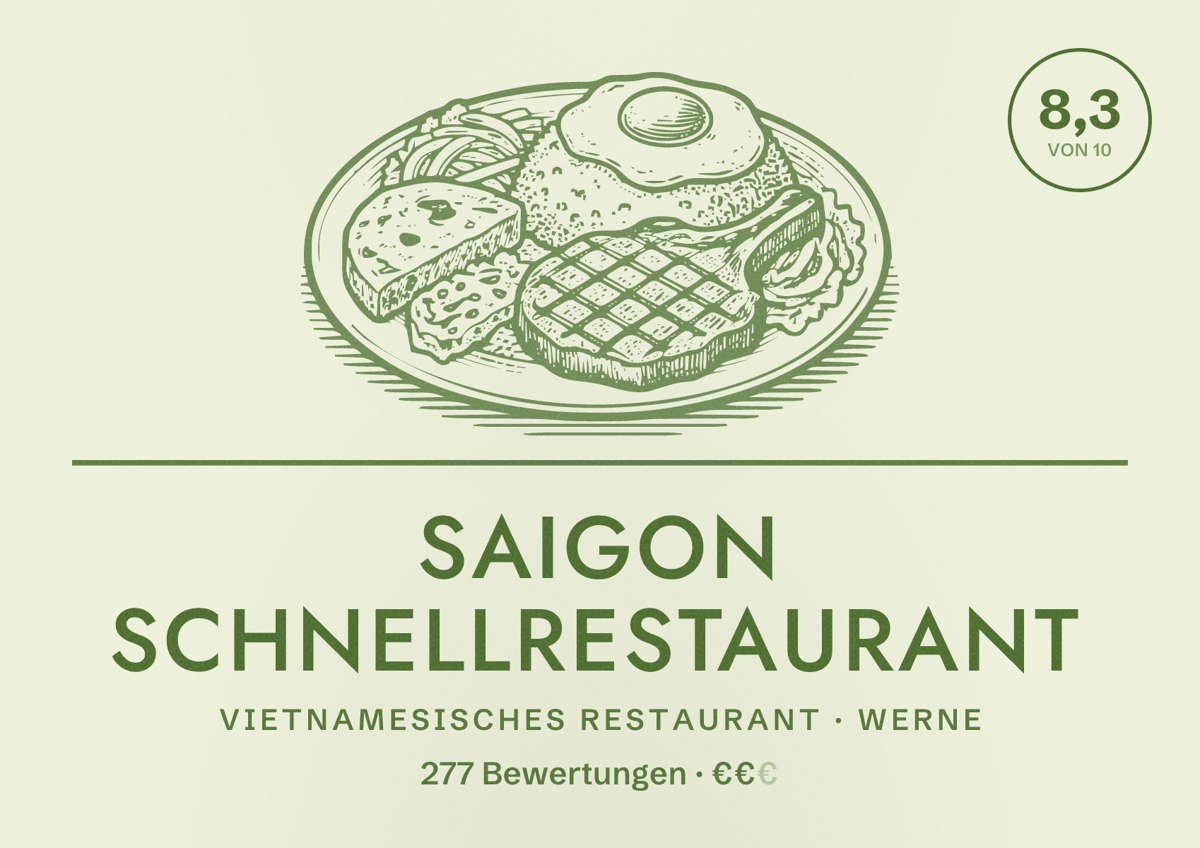 Illustriertes Poster von Saigon Schnellrestaurant, Vietnamesisches Restaurant in Werne: Bewertung 8,3 von 10 aus 277 Bewertungen, Preisniveau €€