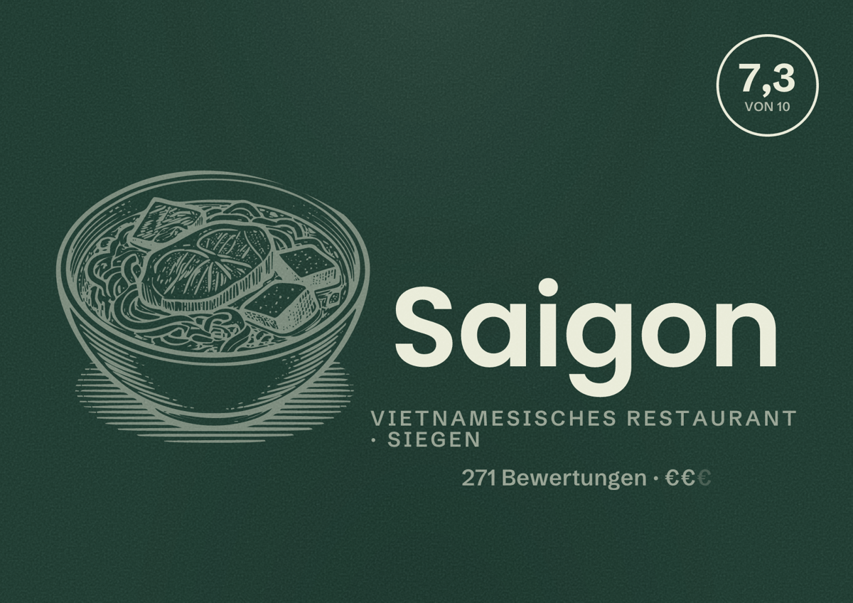 Illustriertes Poster von Saigon, Vietnamesisches Restaurant in Siegen: Bewertung 7,3 von 10 aus 271 Bewertungen, Preisniveau €€