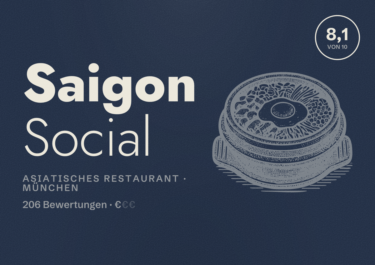 Illustriertes Poster von Saigon Social, Asiatisches Restaurant in München: Bewertung 8,1 von 10 aus 206 Bewertungen, Preisniveau €