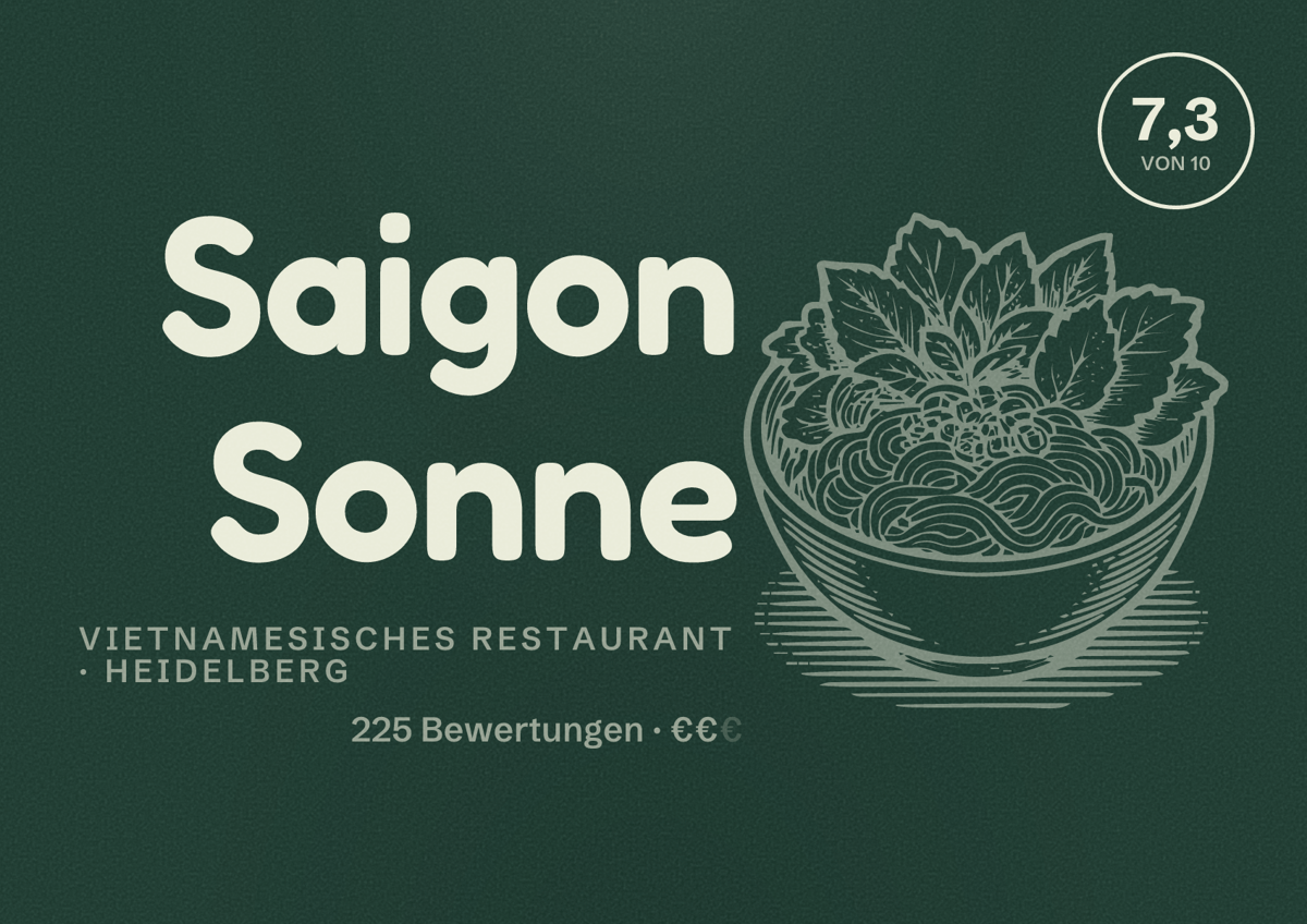 Illustriertes Poster von Saigon Sonne, Vietnamesisches Restaurant in Heidelberg: Bewertung 7,3 von 10 aus 225 Bewertungen, Preisniveau €€