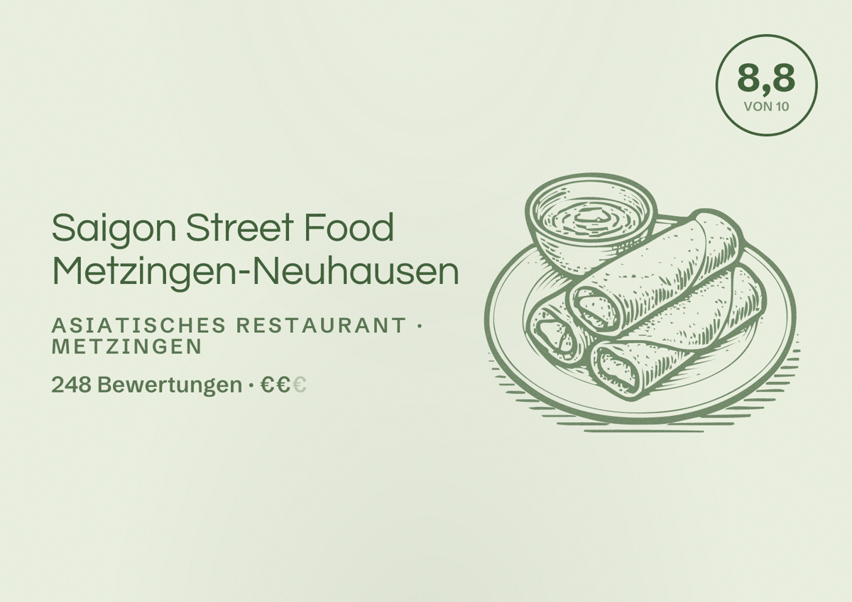 Illustriertes Poster von Saigon Street Food Metzingen-Neuhausen, Asiatisches Restaurant in Metzingen: Bewertung 8,8 von 10 aus 248 Bewertungen, Preisniveau €€
