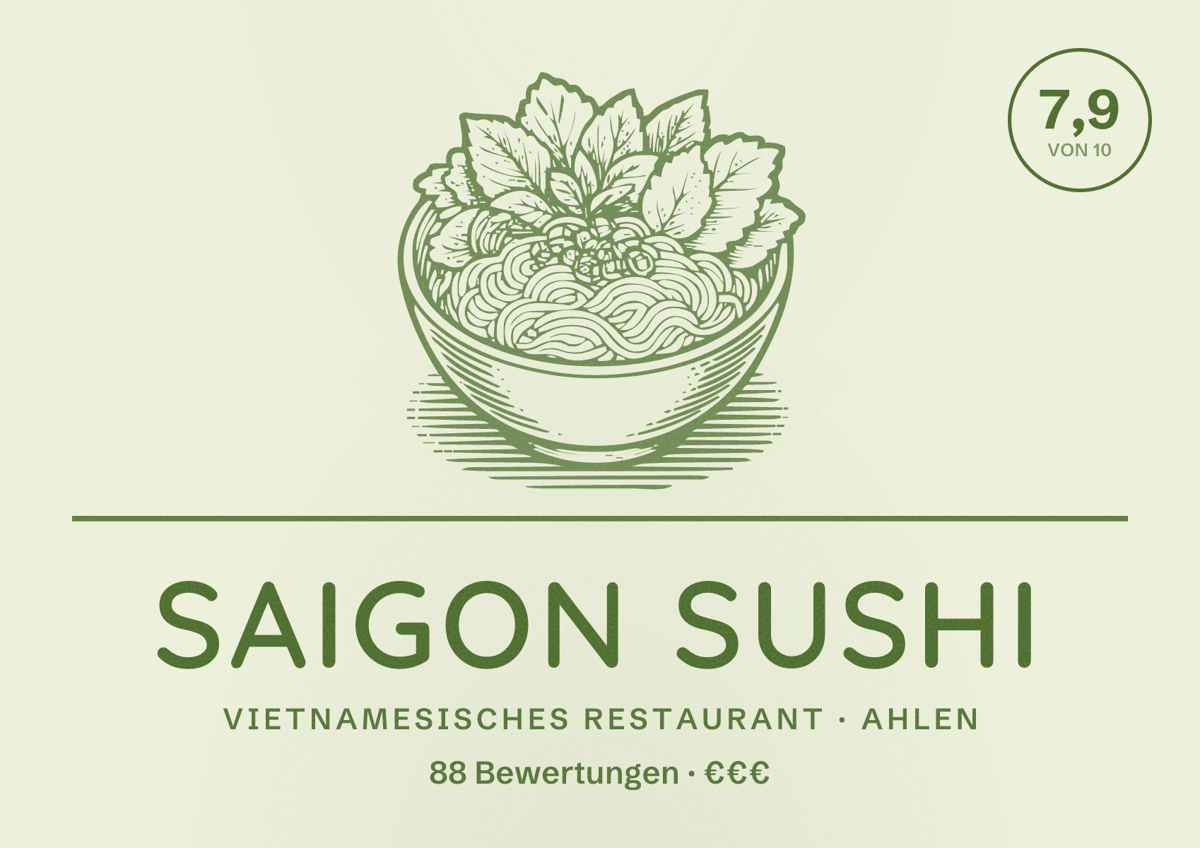 Illustriertes Poster von Saigon Sushi, Vietnamesisches Restaurant in Ahlen: Bewertung 7,9 von 10 aus 88 Bewertungen, Preisniveau €€€