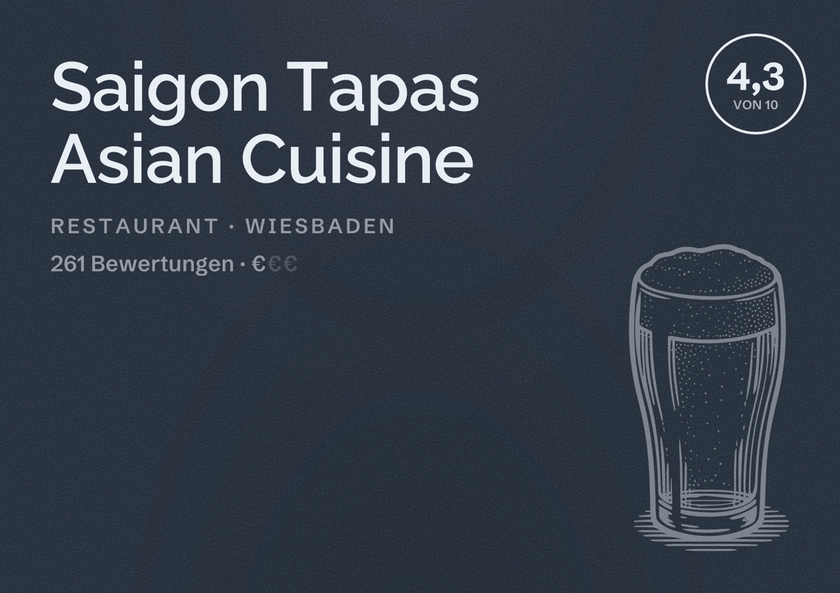 Illustriertes Poster von Saigon Tapas Asian Cuisine, Restaurant in Wiesbaden: Bewertung 4,3 von 10 aus 261 Bewertungen, Preisniveau €