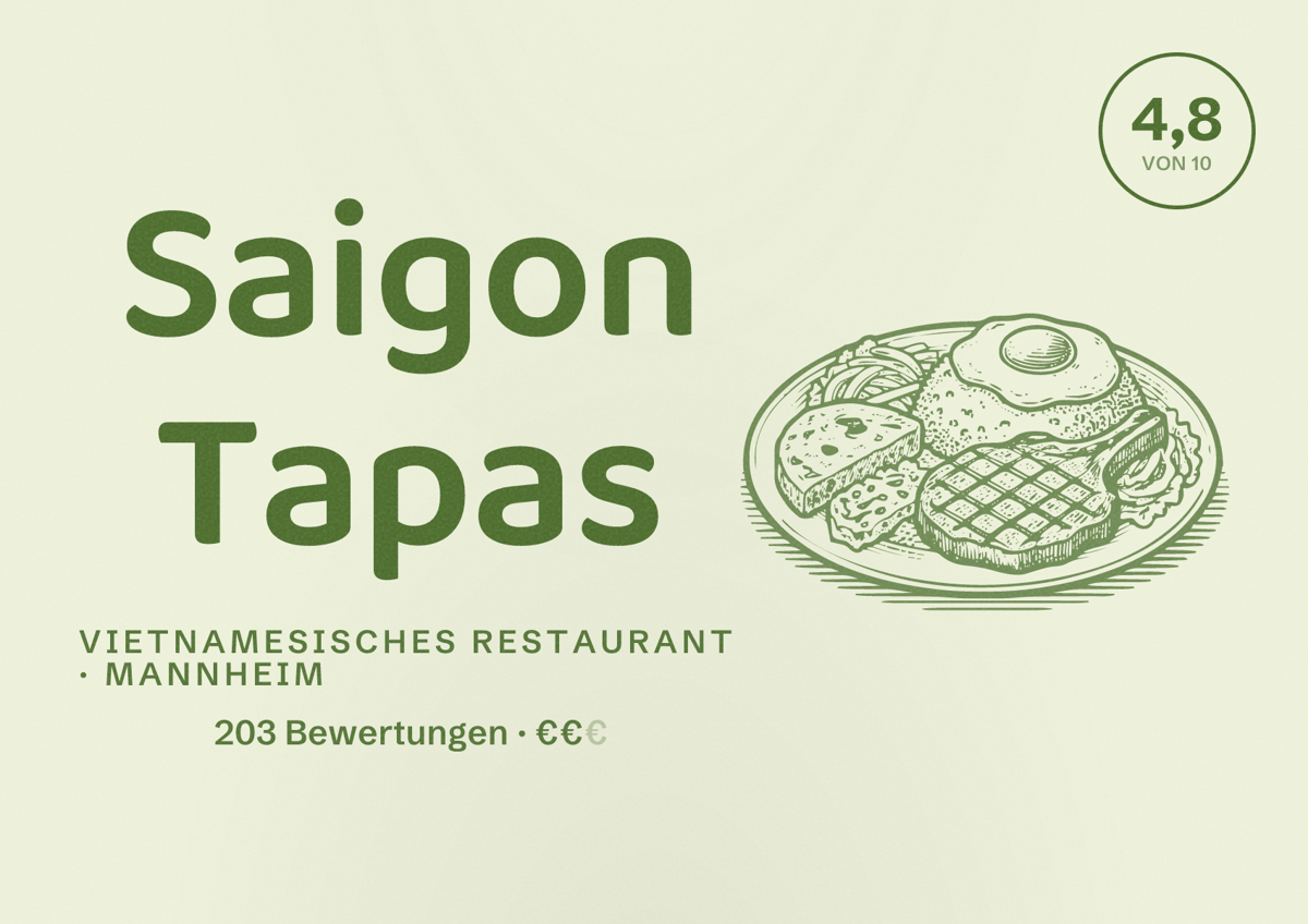 Illustriertes Poster von Saigon Tapas, Vietnamesisches Restaurant in Mannheim: Bewertung 4,8 von 10 aus 203 Bewertungen, Preisniveau €€