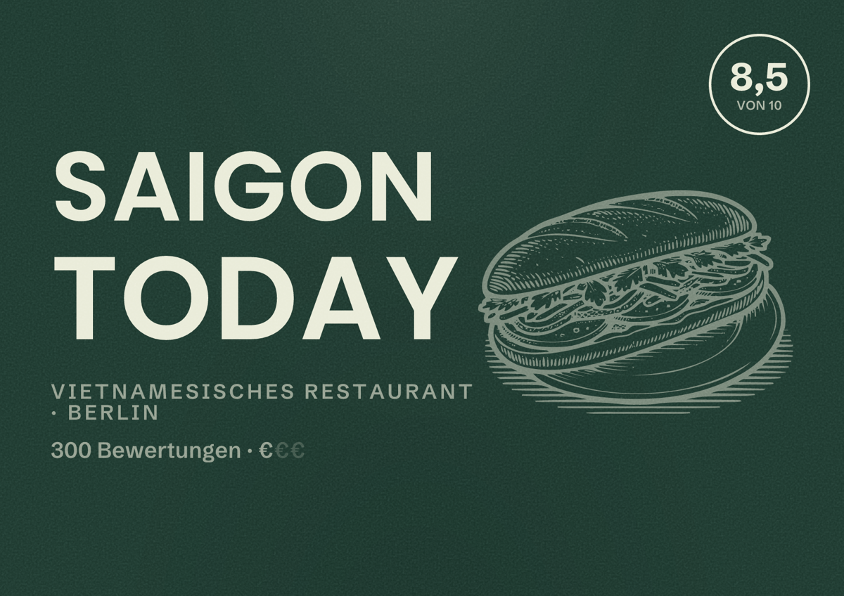 Illustriertes Poster von Saigon Today, Vietnamesisches Restaurant in Berlin: Bewertung 8,5 von 10 aus 300 Bewertungen, Preisniveau €