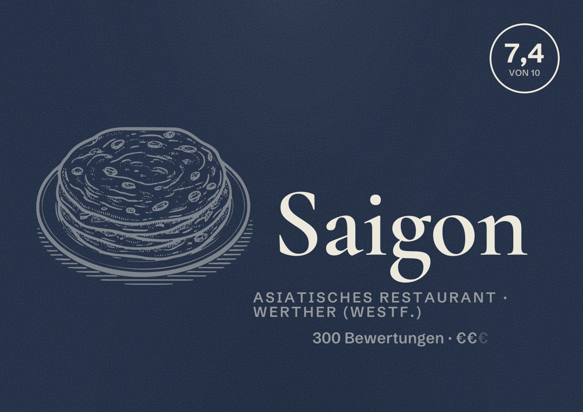 Illustriertes Poster von Saigon, Asiatisches Restaurant in Werther (Westf.): Bewertung 7,4 von 10 aus 300 Bewertungen, Preisniveau €€