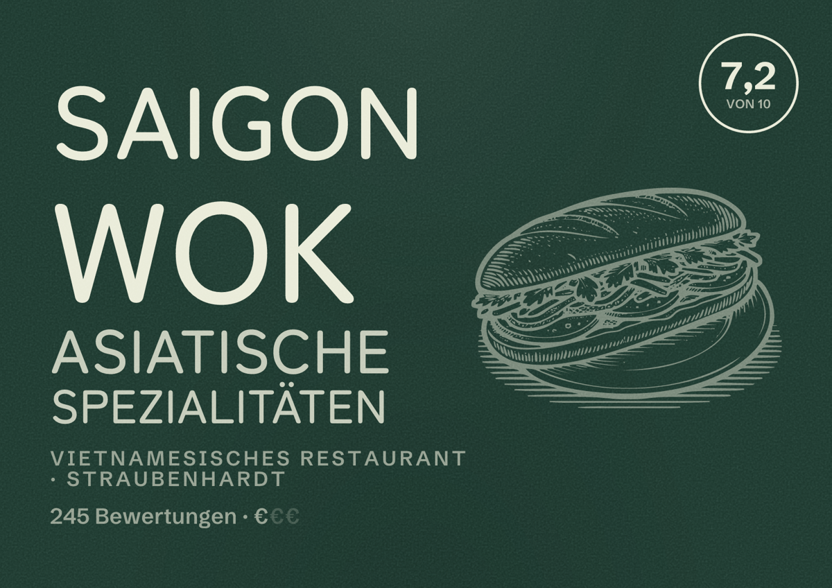 Illustriertes Poster von Saigon Wok Asiatische Spezialitäten, Vietnamesisches Restaurant in Straubenhardt: Bewertung 7,2 von 10 aus 245 Bewertungen, Preisniveau €