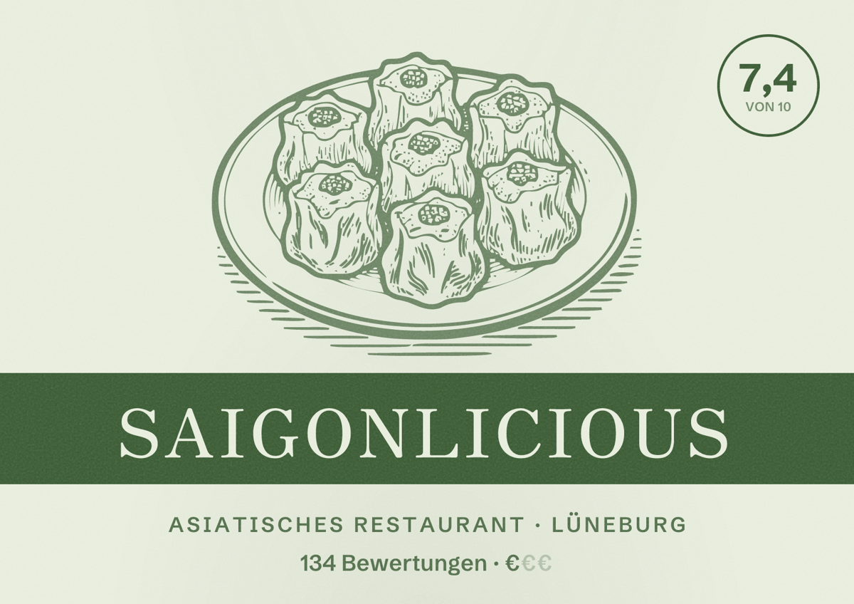 Illustriertes Poster von Saigonlicious, Asiatisches Restaurant in Lüneburg: Bewertung 7,4 von 10 aus 134 Bewertungen, Preisniveau €